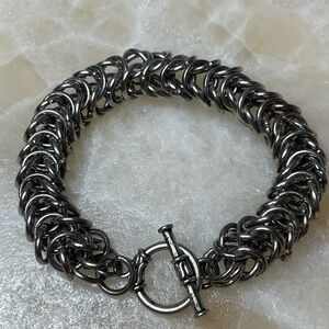 Heavy Chunky Silver-Tone Chainmail Toggle Bracelet approx. -8.5”